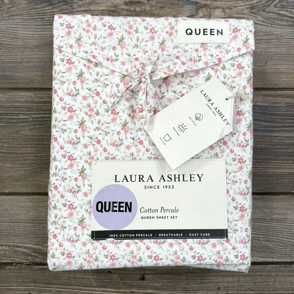 Laura Ashley Queen Sheet Set Evie Crimson Red Floral Green 4pc Cottage Farmhouse