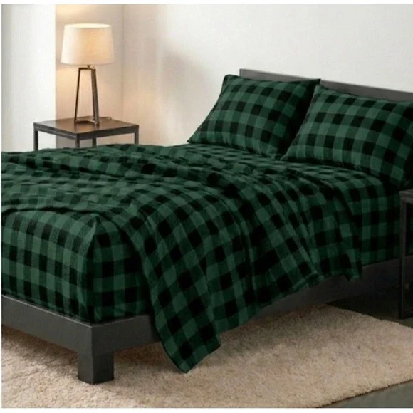 Bare Home Flannel Sheet Set Full 100% Cotton Green Black Buffalo Plaid 4 Piece