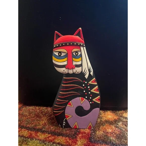 VTG Laurel Burch Style Cat Wood Carved Painted Sculpture Native American 5