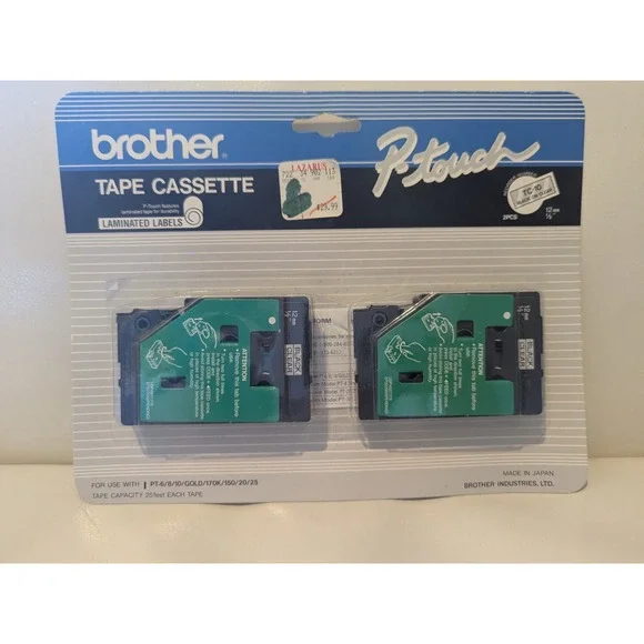 NOS Brother P-Touch TC 10 Black On Clear‎ Tape Cassette 2 Pack 12mm 1/2