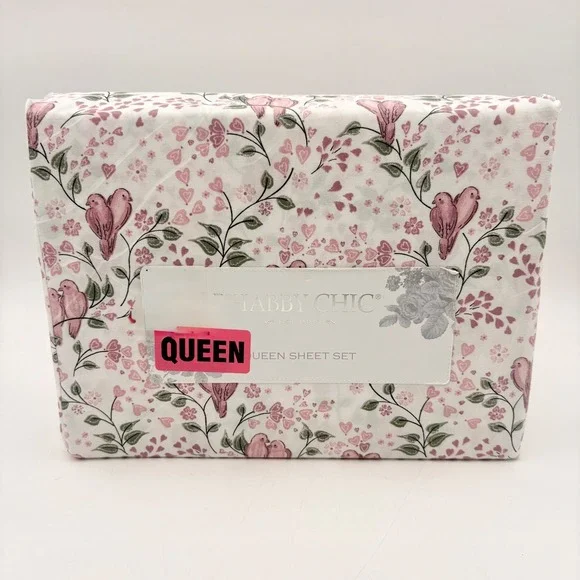 Shabby Chic Queen Sheet Set Pink Lovebirds Hearts Floral White 4 Piece New