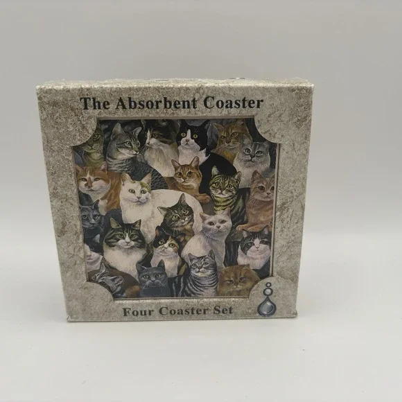 Absorbastone Set Of 4 Coasters Cats Kittens Unused In Box Nice 3in X 3in
