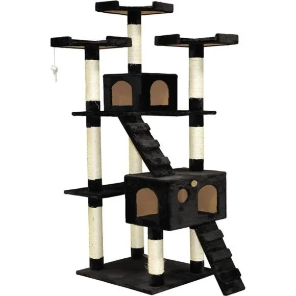 Tall Cat Tree Tower with Cat Condos Play Scratch Activity with Toy, Black, 72