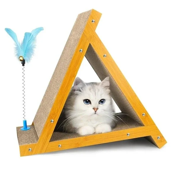 Cat Scratching Sisal Post Triangle 6 Side Scratcher W/ Attached Toy Non-Toxic