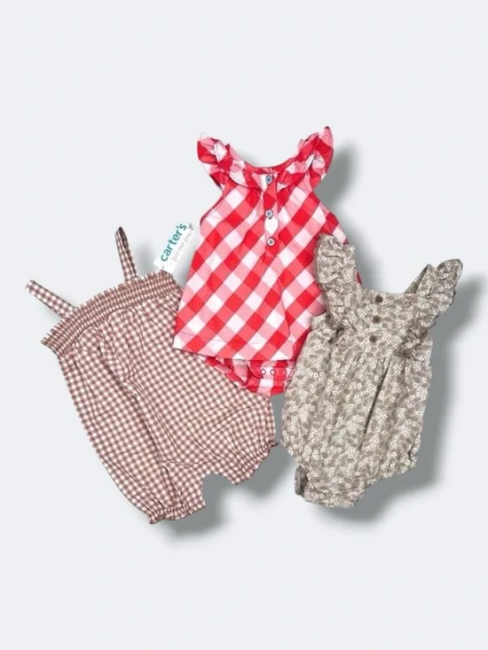 Carter’s Baby Romper Bundle 6M Girl 3pc Floral Gingham Check Summer Outfits
