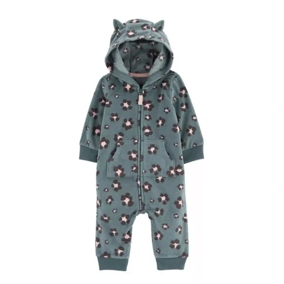 Baby Girl Carter's Leopard Fleece Long Sleeve Hooded Romper bunting 6m onesie
