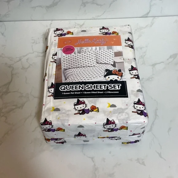New Hello Kitty Queen Sheet & Pillow Case Set Halloween Witch Pumpkin Broom Bat