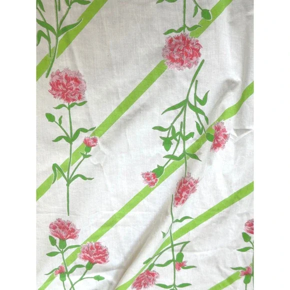 Vintage Floral Fitted Sheet Pink Carnations Lime Green Stripes Cottagecore Retro