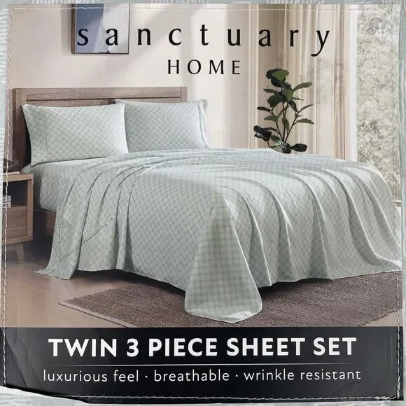 Sanctuary Home 3-Piece Twin Sheet Set Printed Green White Pattern New Luxurious