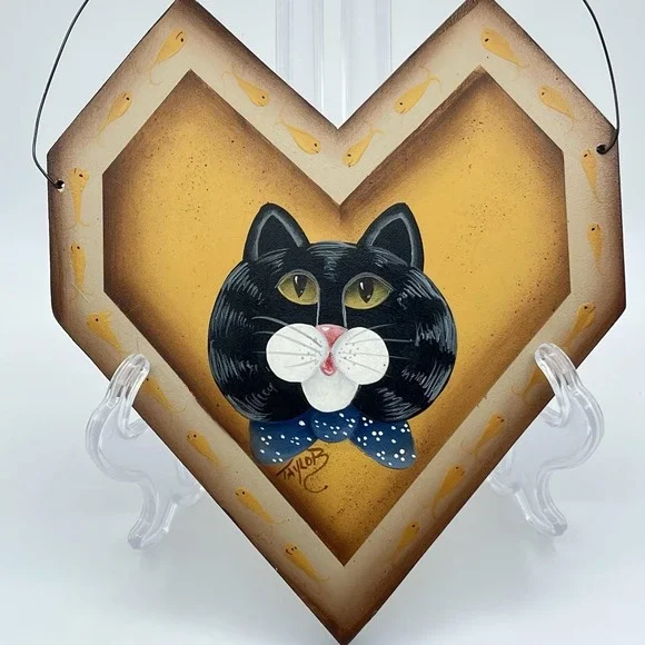 Vintage 1990's Cat Black Tabby Wood Rustic Country Painted Plaque Wall Decor 12