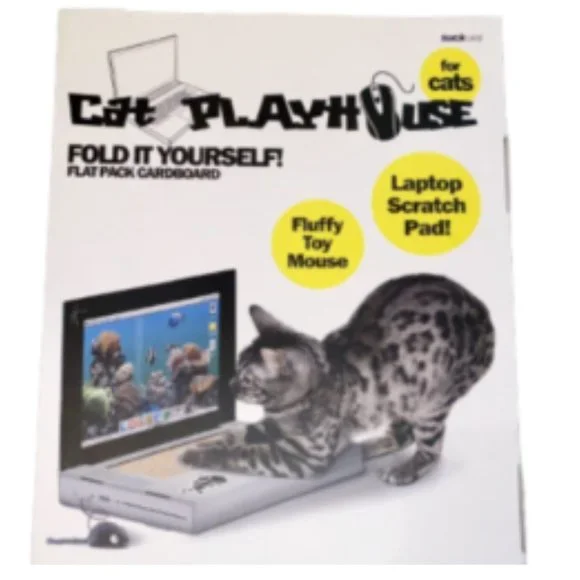 Cat Playhouse Cardboard Laptop Scratcher Pad with Fluffy Toy Mouse