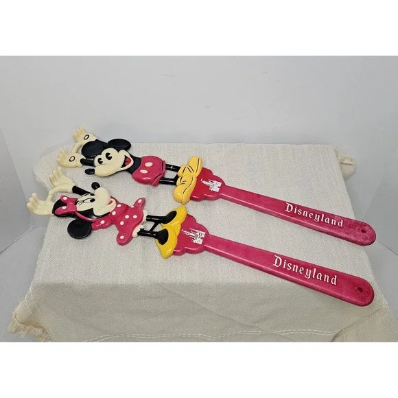 Vintage Disney Mickey and Minnie Mouse Back Red Plastic Scratchers Set