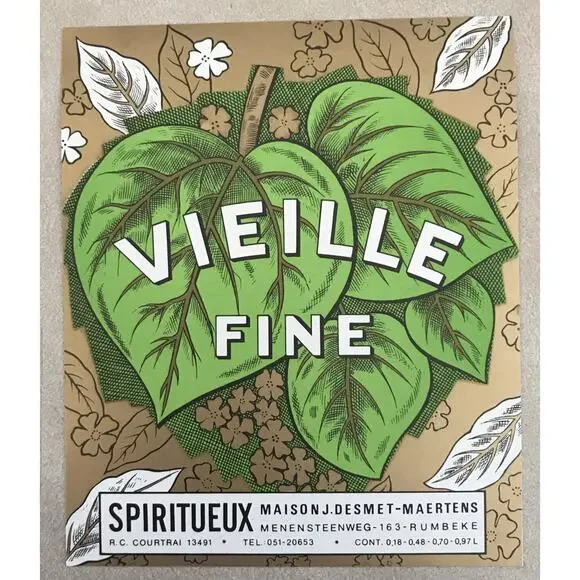 Vtg RC Courtrai Vieille Fine Spiriteux Maison French Graphic Design Wine Label