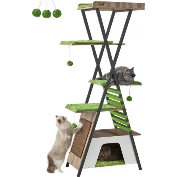 Cat Tree Modern Cat Tower Multi-Level Cat Condo with Cavesable Pads, 72.4
