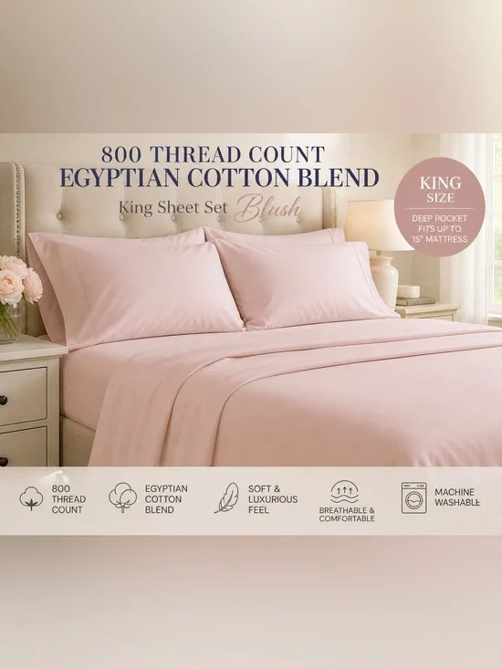 Blush Pink King Sheet Set 800TC Egyptian Cotton Blend Soft Deep Pocket