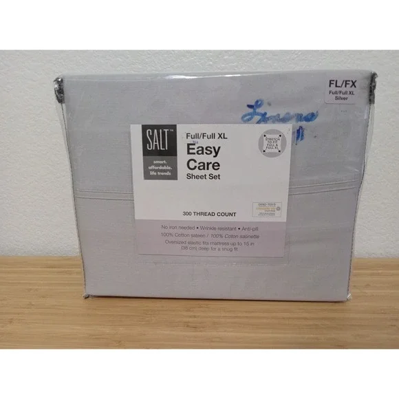 SALT Easy Care 300 TC 100% Cotton Sateen Sheet Set Full Full XL Silver 4pc New