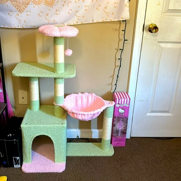 A pink and green flower cat tree!