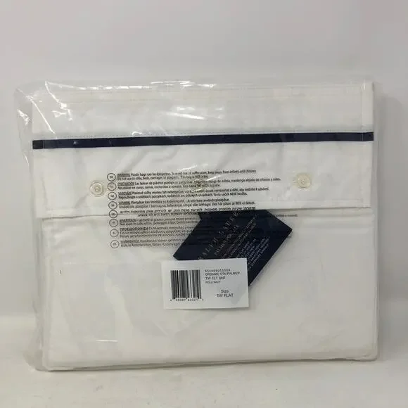 Ralph Lauren Organic Cotton Percale Palmer Twin Flat Sheet White Polo Navy New