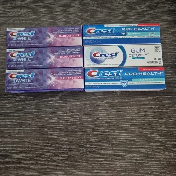 6 0.85oz Crest Travel Toothpaste Radiant Mint x3, ProHealth x2,Gum DetoxifyREAD