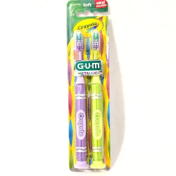 GUM Crayola Metallic Purple Green Soft Bristle Toothbrush 2 Pack Suction cup NEW