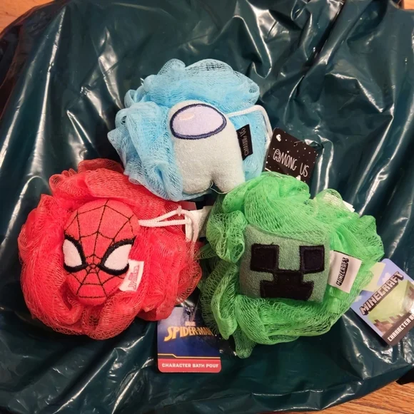 Marvel Spider-Man, Disney Baby Yoda, and Among Us Kids 3 Bath Sponge Set, NWT