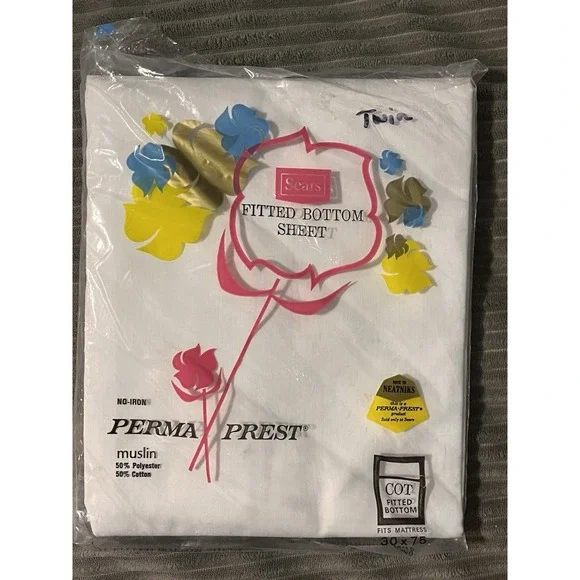 Sears Twin Fitted Sheet Perma Prest Plain White No Iron‎ Muslin New VTG 1970's