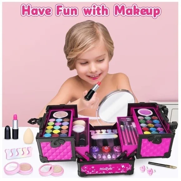Hollyhi 58 Pcs Kids Makeup Kit for Girl Princess Toys Real Washable Cosmetic