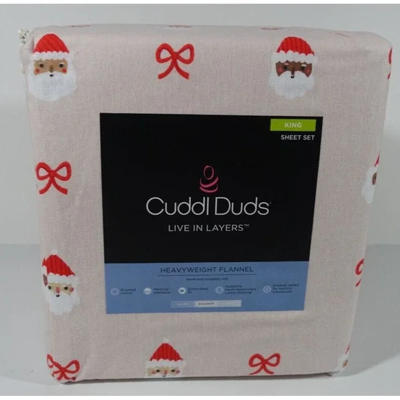 Cuddl Duds King Sheet Set Heavyweight Flannel Santa Claus Holiday Tan Red NEW