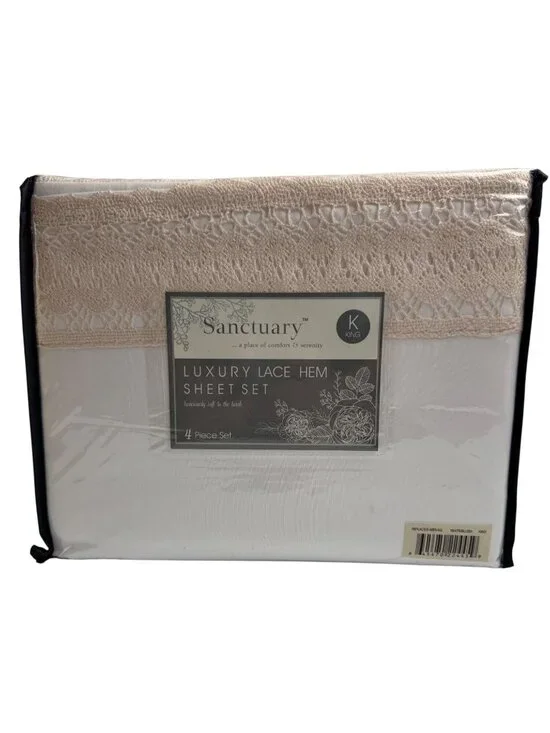 Amprapur Overseas Sanctuary NEW King 4 Piece Luxury Lace Hem Sheet Set White
