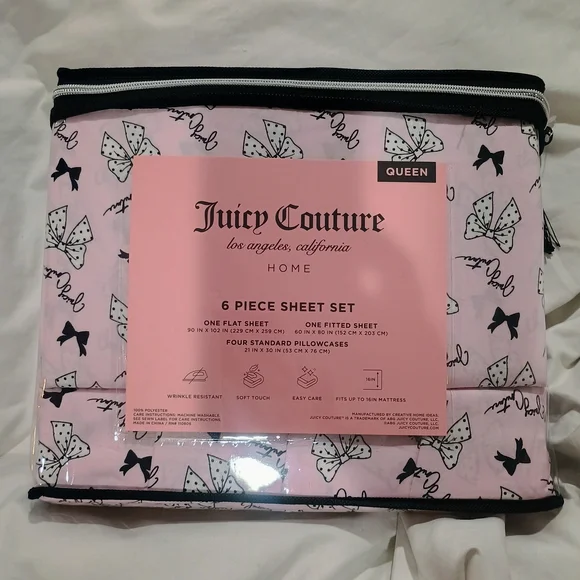 New Juicy Couture Pink/ Black Bow 6-Piece Sheet Set - Queen