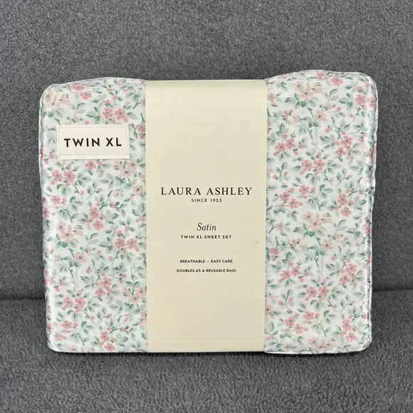 Laura Ashley Satin‎ Sheet Set XL Twin Pink Green Floral Tierney cottage country