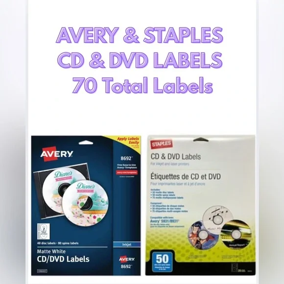 CD & DVD White Labels - Avery & Staples Bundle of 2 - 70 Labels Total