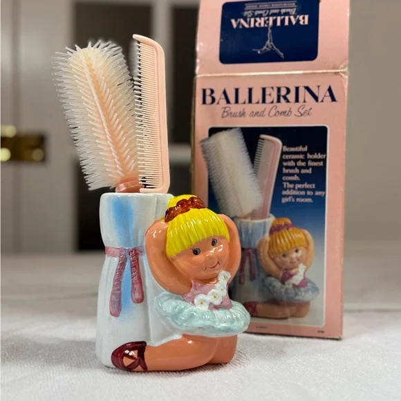 VINTAGE Ballerina Brush and Comb Set Ceramic Holder #6195 NEW‎