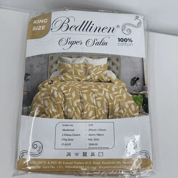 Bedllinen King‎ Size 100% Cotton Super Satin 3 Piece Set New