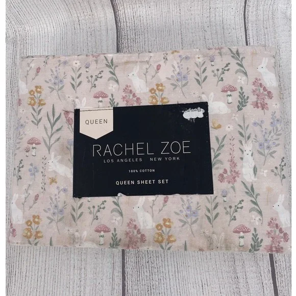 Rachel Zoe Sheet Set Queen Pink Rabbit Mushroom Floral 100% Cotton Spring Summer