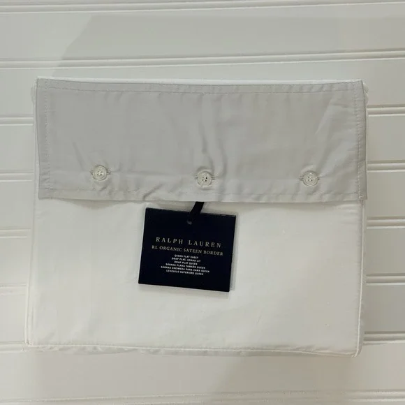 Ralph Lauren RL 624 TC Organic Sateen Border Queen Flat Sheet Platinum NWT $185
