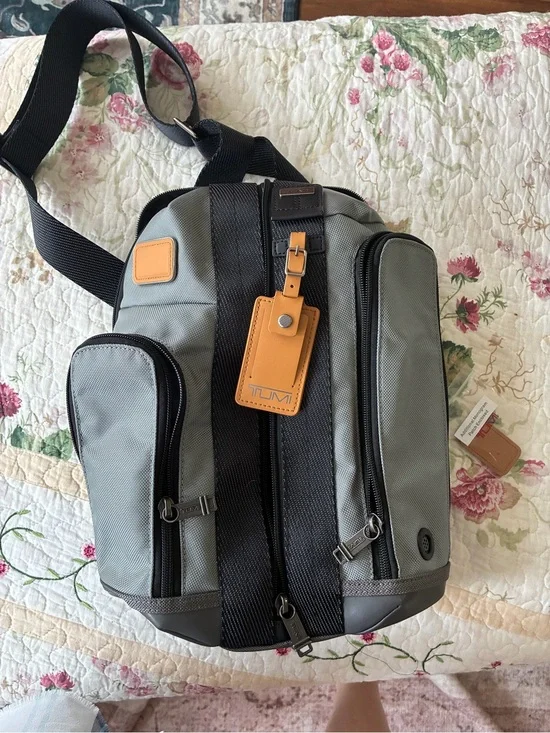 TUMI Men's Gray Higgins Crossbody Sling Bag with Tan Leather Tag