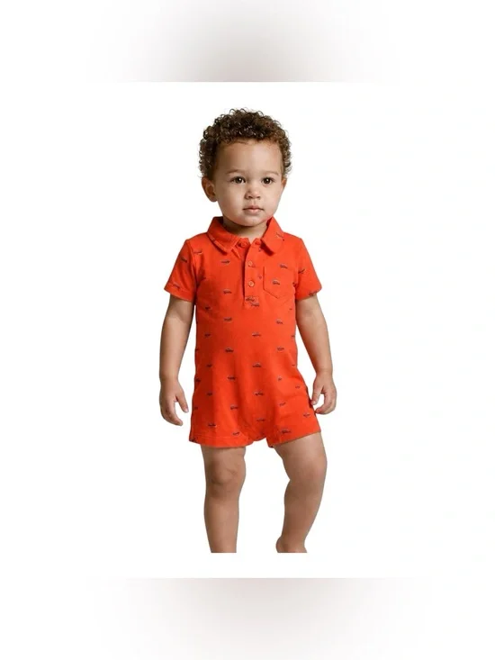 Carter’s Orange Car Print Polo Snap Closure Romper Size Boys 18 Months