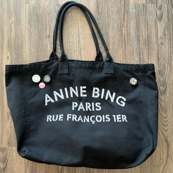 ANINE BING WOMENS BLACK CANVAS LEO TOTE WHITE LOGO WRITING