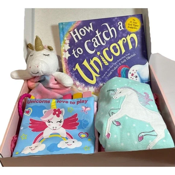 Baby Girl Shower Gift, Newborn Unicorn Present, 2 Unicorn Books, Pajamas & Lovey