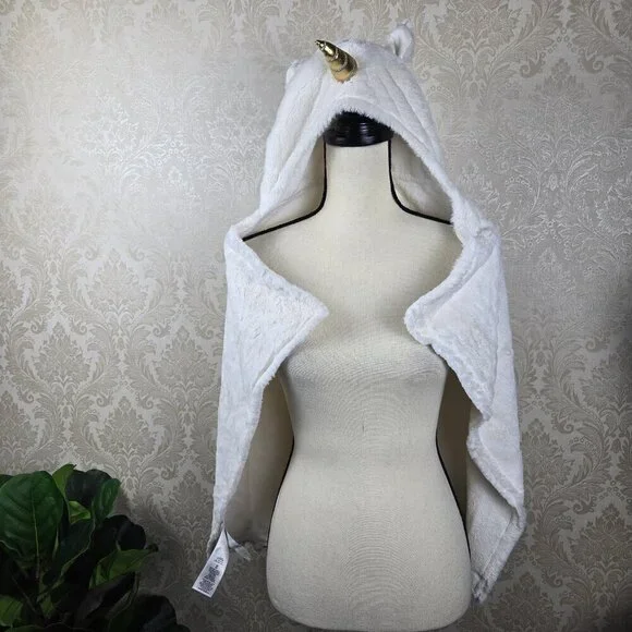 Pottery Barn Kids White Unicorn Hooded Towel/Blanket Gold Horn Terry/Faux Fur