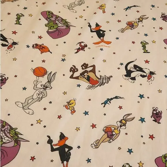Vintage Space Jam Twin Flat Sheet 1996 Warner Bros. Looney Tunes '90s Bugs Bunny