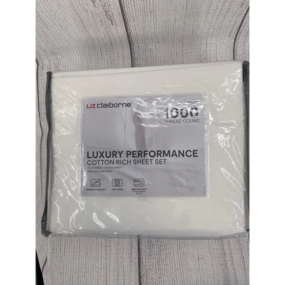 Liz Claiborne Sheet Set King White 1000TC Luxury Performance Cotton Rich 4pc