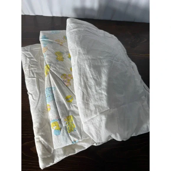 Vintage Nursery Crib Sheet Set 3 pc Pastel Animals Balloons Bears Bunnies White