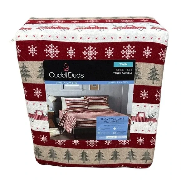 Cuddl Duds Festive Holiday Red Truck Heavyweight Twin Flannel Sheets Winter NWT