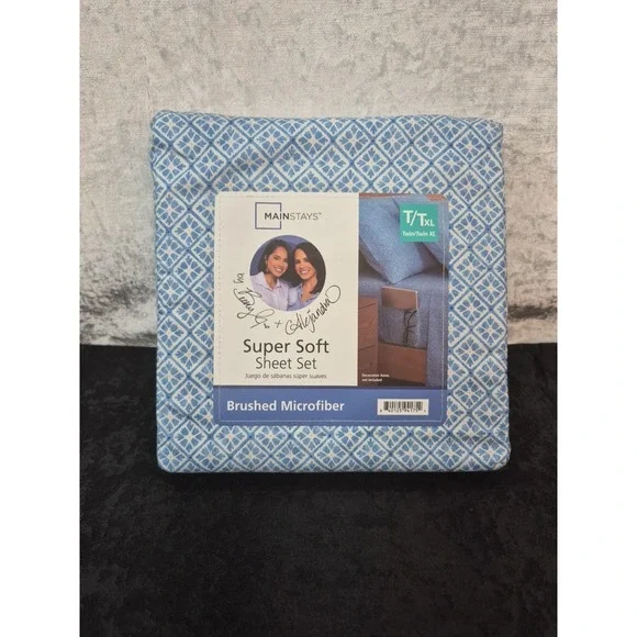 MAINSTAYS Super Soft Sheet Set T/TXL BRUSHED MICROFIBER‎ Blue Cool Geo/ New
