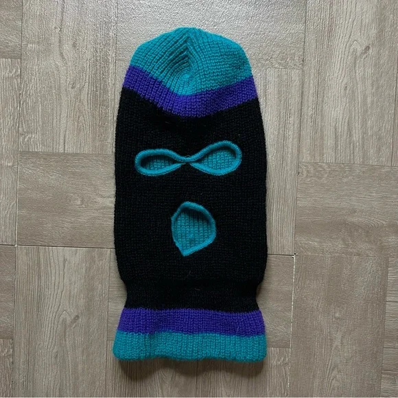 Black Knit Ski Mask with Teal and Purple Accents