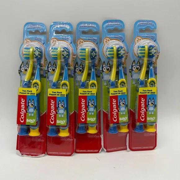 Colgate Toothbrush 2-Pack Kids Ages 2-5 Blue Yellow Bluey 5 Count Bulk Set
