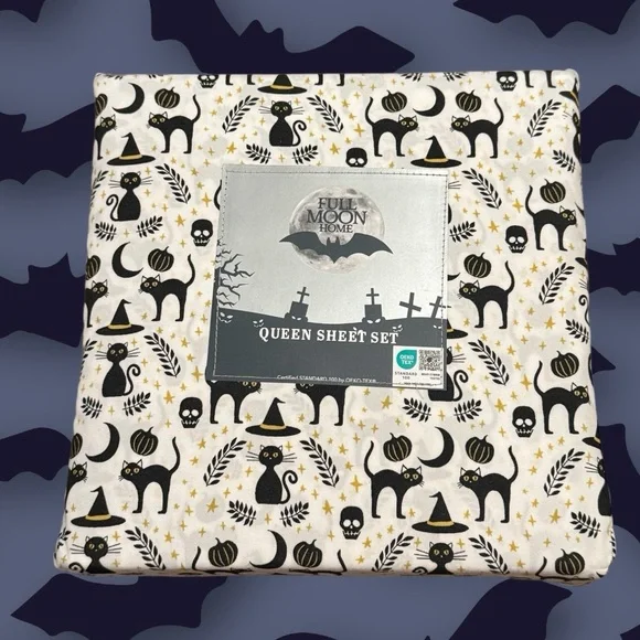 Full Moon Home Halloween‎ Spooky Black Cats Witch Hats Skulls-Queen