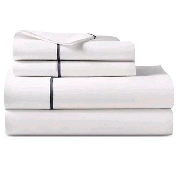 NEW Ralph Lauren Palmer Percale Org Cotton Queen Flat Sheet White Navy 96x108in